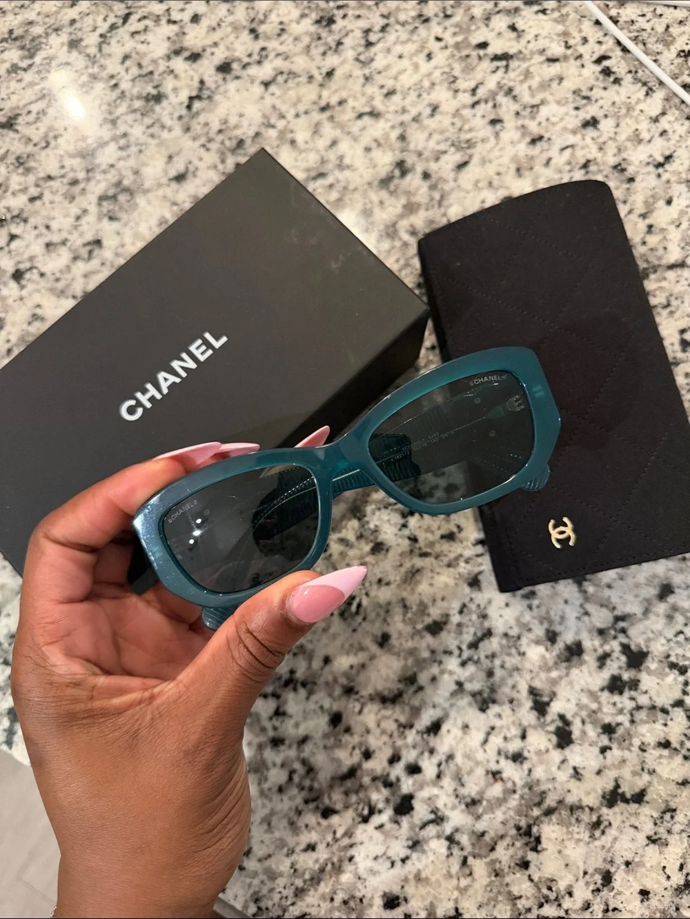 CHANEL Teal Rectangular Sunglasses
